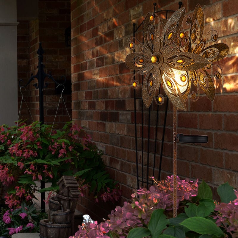 foto del prodotto luce solare ruota del vento lampada solare picco a terra decorazione giardino spina solare giardino ruggine, metallo, led bianco caldo, lxlxh 32x17,5x124 cm