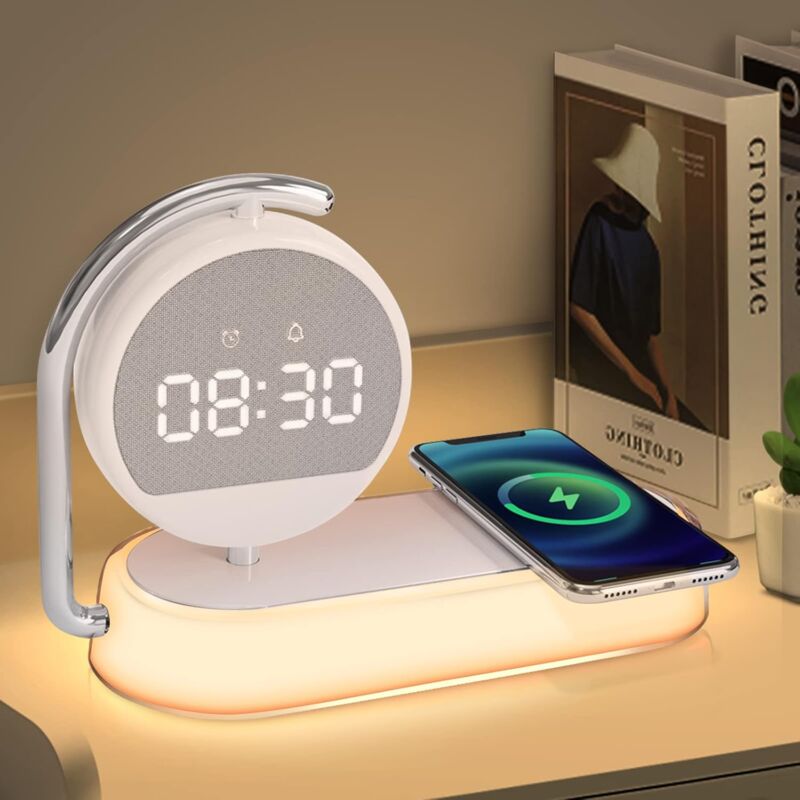 foto del prodotto luce sveglia a led, lampada da comodino con stazione di ricarica wireless da 15 w, luce notturna soft touch a 3 livelli per adulti e bambini, regali