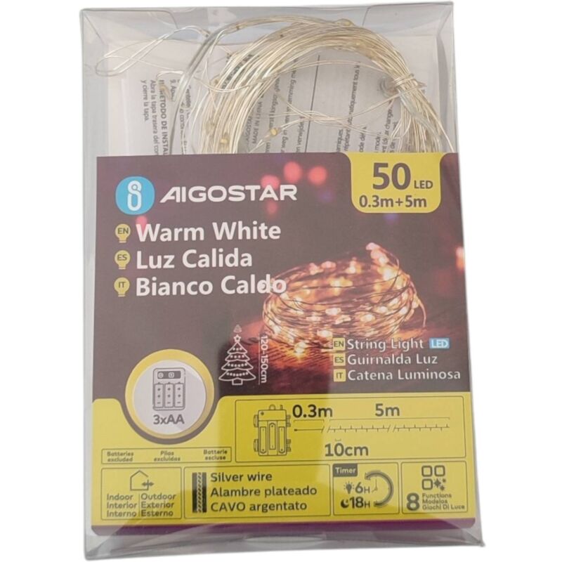immagine 0 del prodotto luci 50led interno esterno con filo argentato bianco caldo a batteria con timer