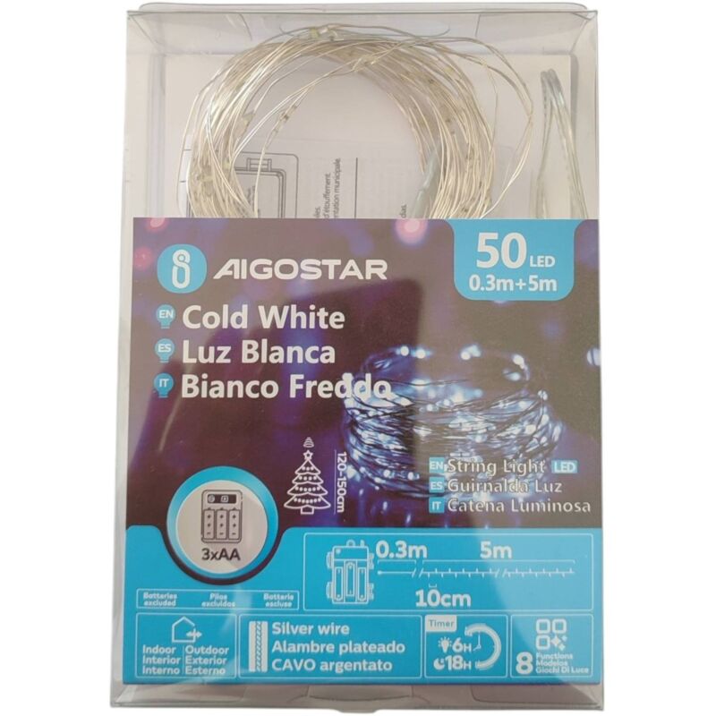 foto del prodotto luci 50led interno esterno con filo argentato bianco freddo a batteria con timer