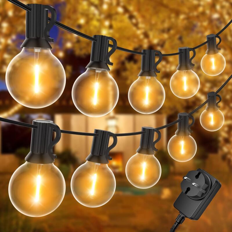 foto del prodotto luci a catena per esterni da 30 m, luci a catena per esterni con 50 2 lampadine led g40, ip45 impermeabili, luci a catena per esterni bianche calde