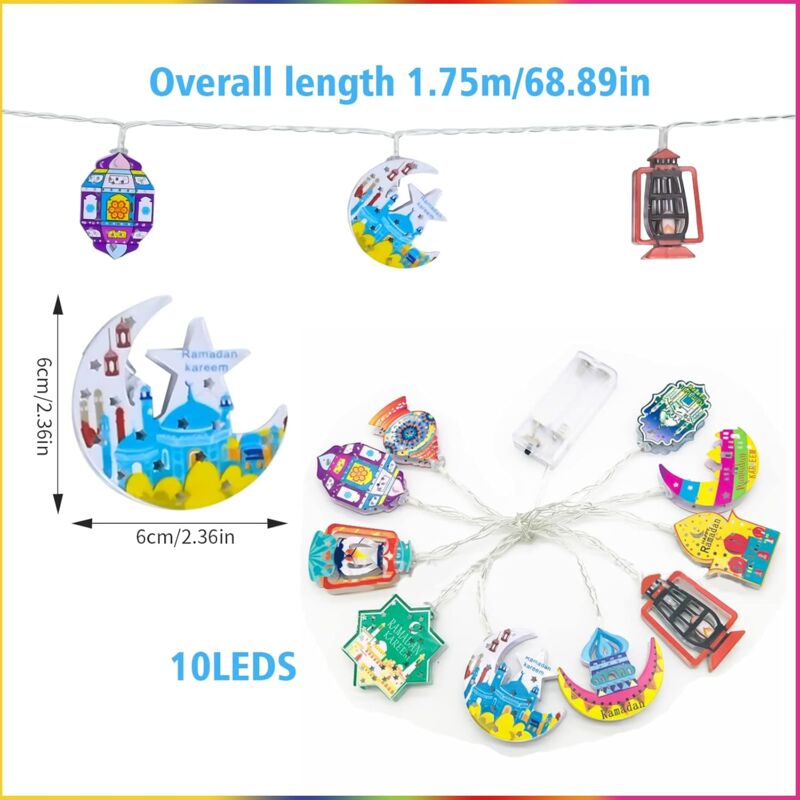 foto del prodotto luci a corda ramadan, 10 luci a forma di stella lunare a led alimentate a batteria, decorazioni ramadan, luci a corda led colorate per decorazioni
