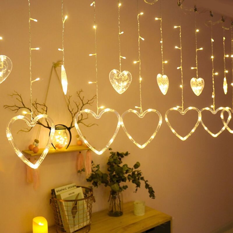 foto del prodotto luci a forma di cuore a led con tenda, 8 modalità di illuminazione, decorazione per feste, 3 m, bianco caldo