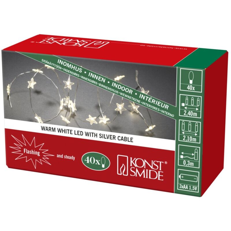 foto del prodotto luci a led a filo nudo e stelle a batteria, catena a filo spinato batteria per uso interno 40 diodi bianchi caldi statici o lampeggianti 3 batterie