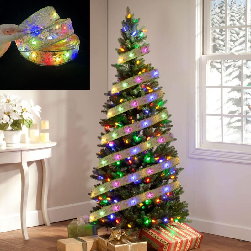 foto del prodotto luci a led con nastro di raso per decorazioni per alberi di natale, 5 metri, 50 luci, tre scatole per batterie con flash, luce colorata, nastro dorato