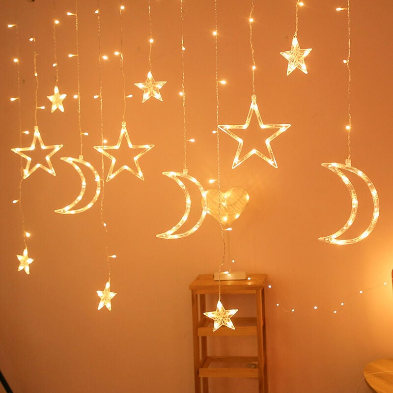 foto del prodotto luci a stella per esterni, 138 led, luci a tenda, luci a stringa, luci a led, luci a stringa a forma di stella e luna, per cortile, giardino, patio,