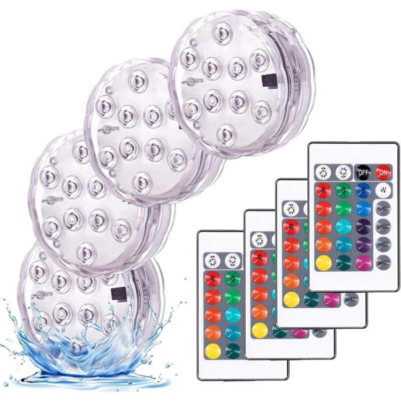 foto del prodotto luci decorative da giardino colorate, set di 4 luci led impermeabili rgb multicolore con telecomando, ideali per acquari, vasche da bagno, piscine,