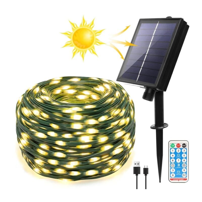 foto del prodotto luci di natale catena da esterno 30 mt di 300 micro led a ricarica solare e usb luce calda cavo verde