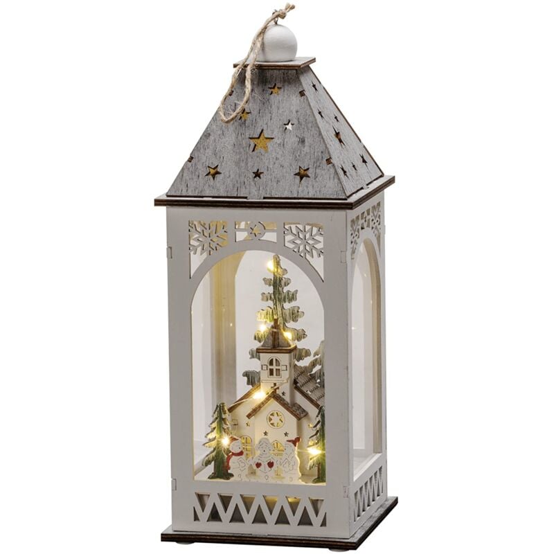 foto del prodotto luci di natale lanterna in legno a led villaggio di natale invernale uso interno ip20 funzionamento a batteria 2xaa escl. diodi bianchi