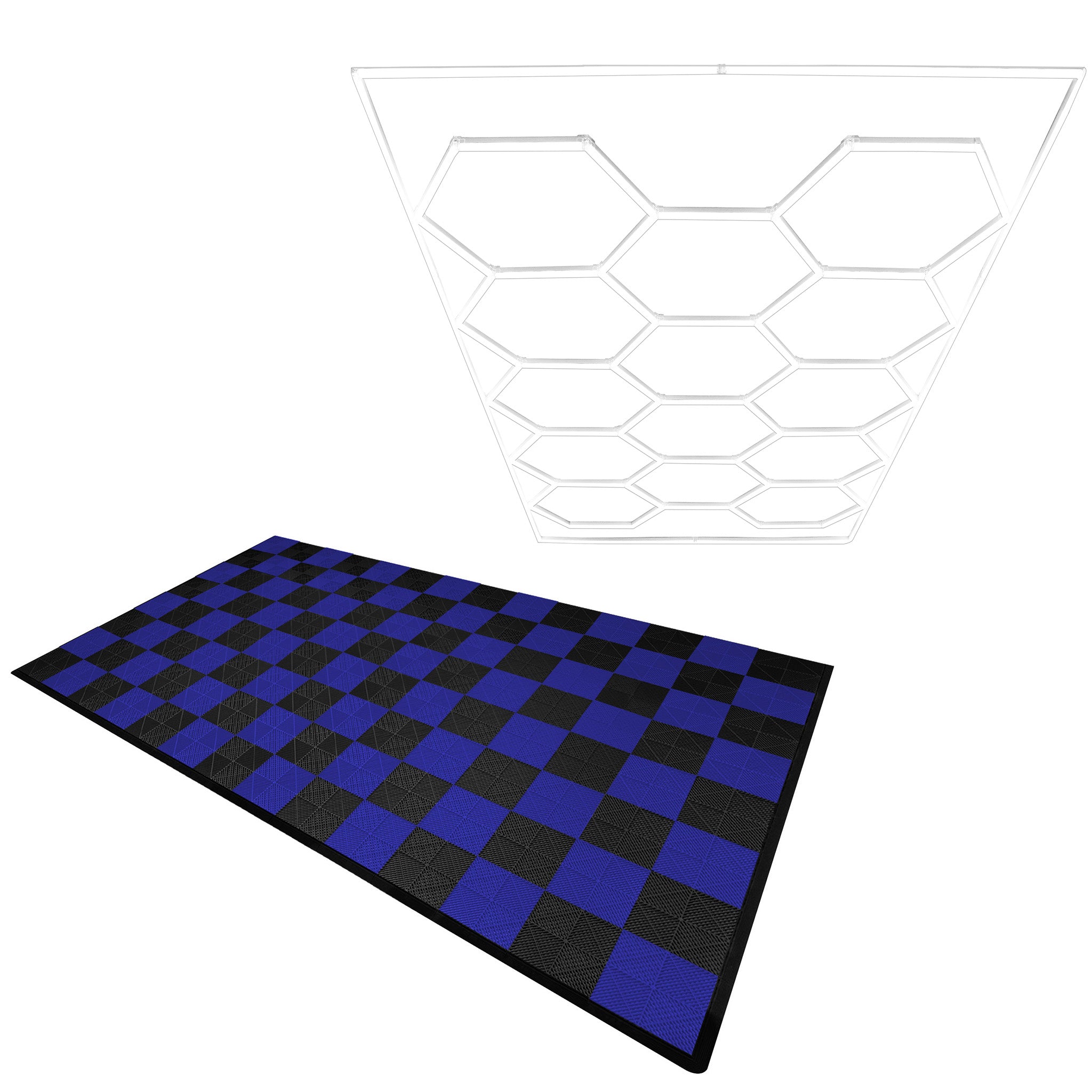 foto del prodotto luci led esagonali piastrelle ventilate per pavimento garage con bordi 60 nere 60 blu