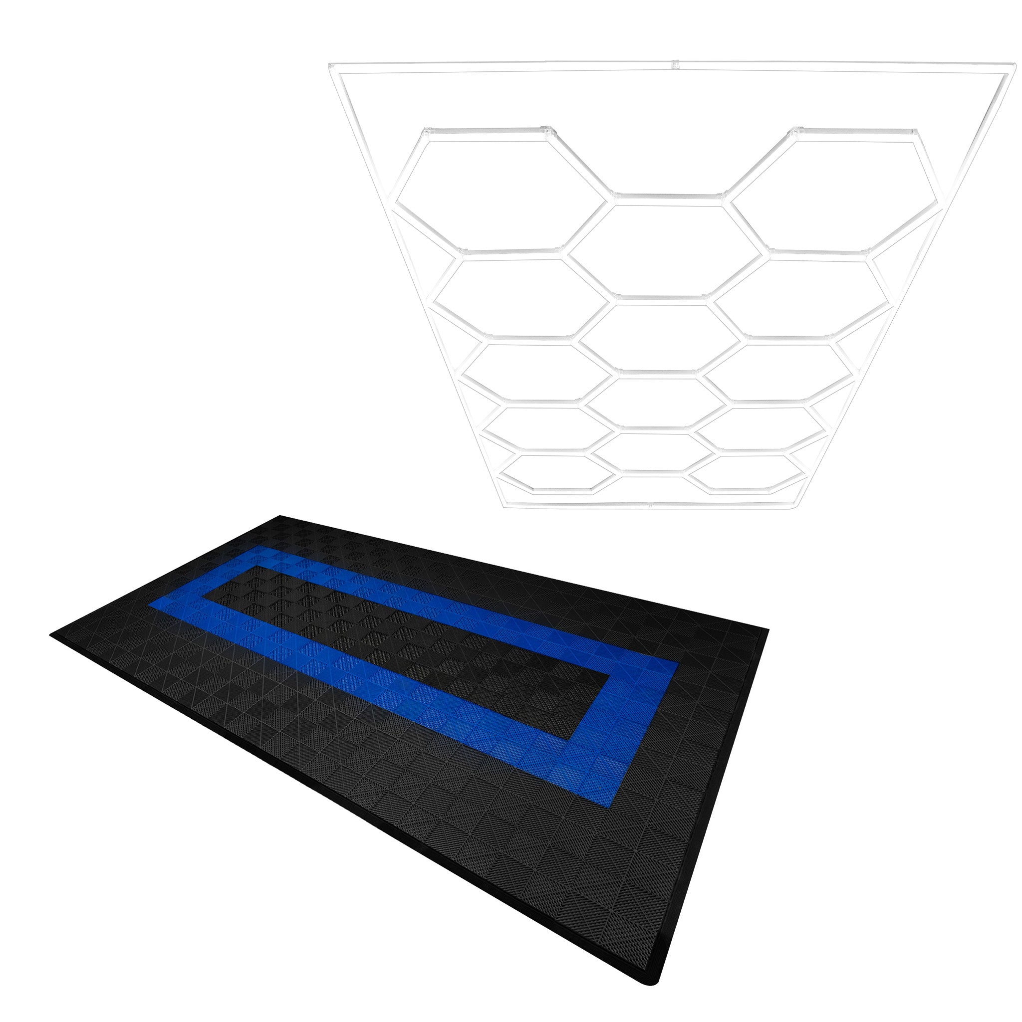 foto del prodotto luci led esagonali piastrelle ventilate per pavimento garage con bordi 90 nere 30 blu