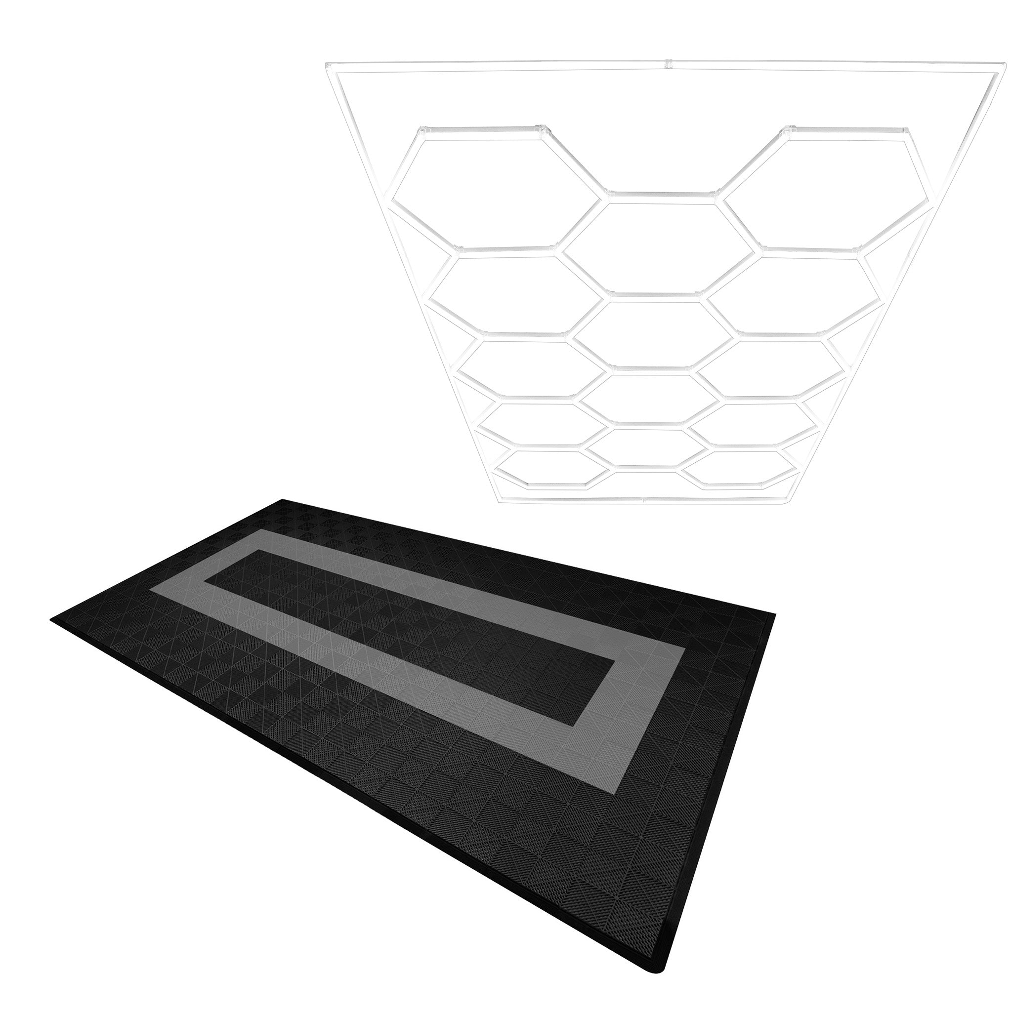 foto del prodotto luci led esagonali piastrelle ventilate per pavimento garage con bordi 90 nere 30 grigie