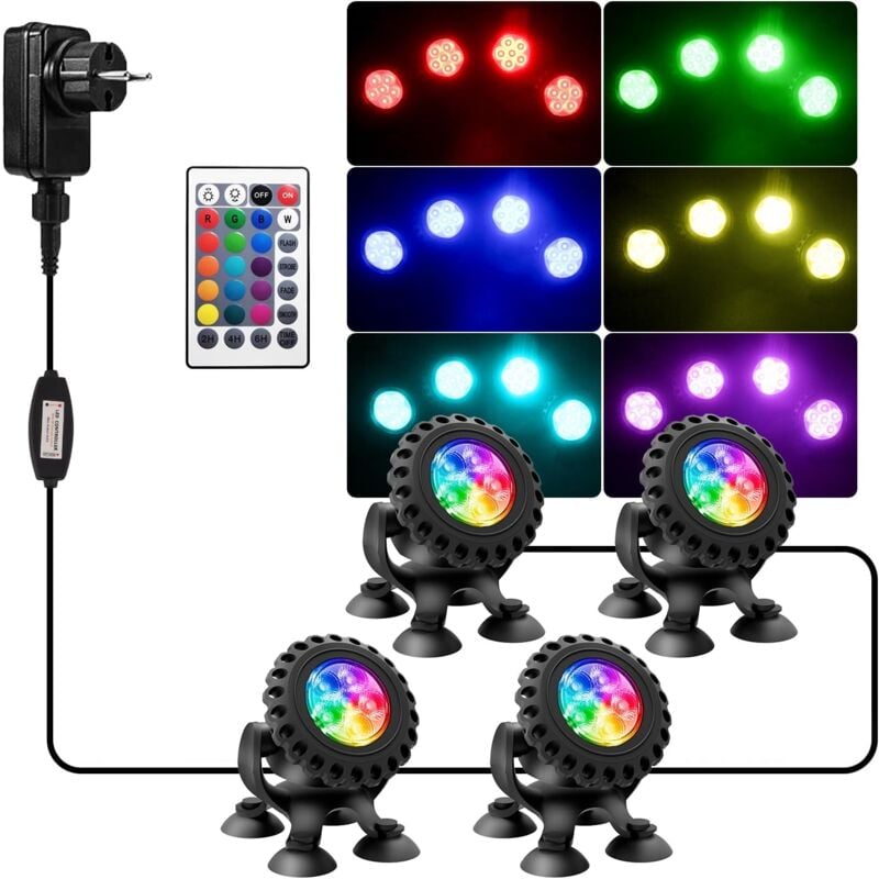 foto del prodotto luci led sommergibili rgb, faretto 4 in 1 con telecomandi, ip68 impermeabile, multicolore per acquario, giardino, cortile, piscina, fontana classe