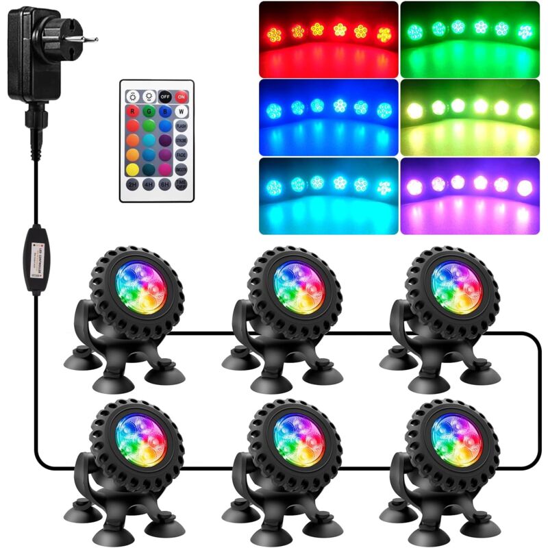 foto del prodotto luci led sommergibili rgb, faretto 6 in 1 con telecomandi, ip68 impermeabile, multicolore per acquario, giardino, cortile, piscina, fontana classe