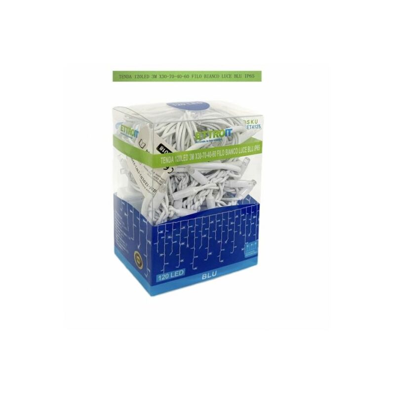 foto del prodotto luci natale tenda luminosa natalizia 120 led blu flash bianco 3 metri 30 70 40 60 filo bianco esterno ip65