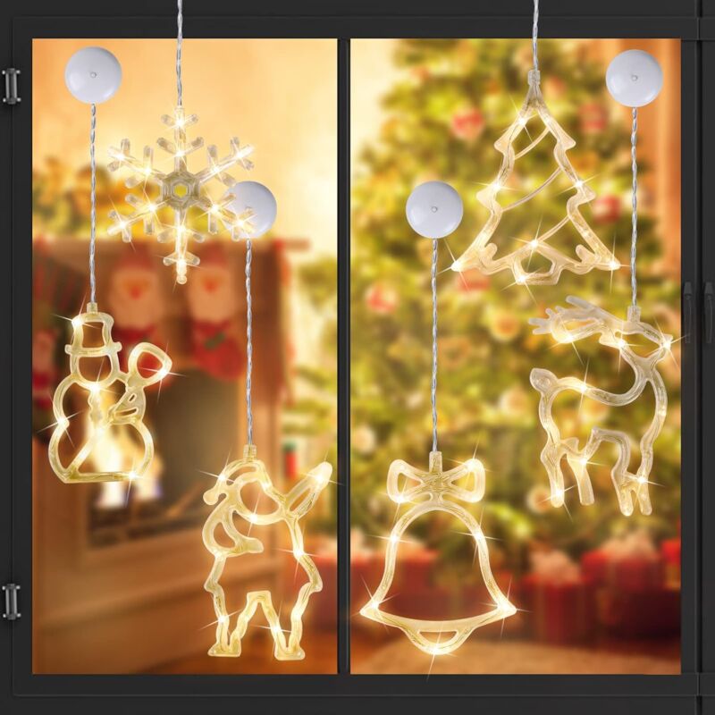 foto del prodotto luci natalizie a led, 6 pezzi con ventose, luci per finestre, luci a tenda a led per decorazioni natalizie, decorazioni per finestre, a batteria non