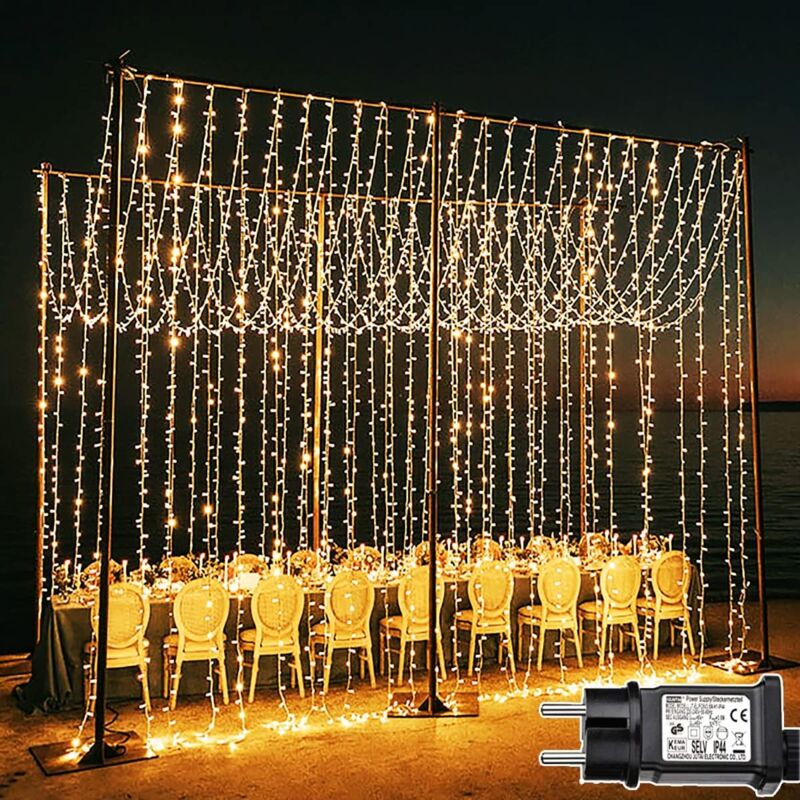 foto del prodotto luci natalizie a tendina 6m x 3m, 600 lucine led, luci a tendina bianche calde 8 modalit , luci a stringa per esterni impermeabili con timer, adatte