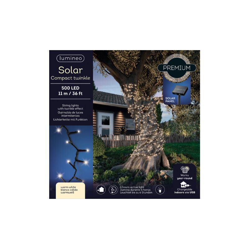 foto del prodotto luci natalizie solar 500 led bianco caldo 8 funzioni effetto scintillante 11 mt
