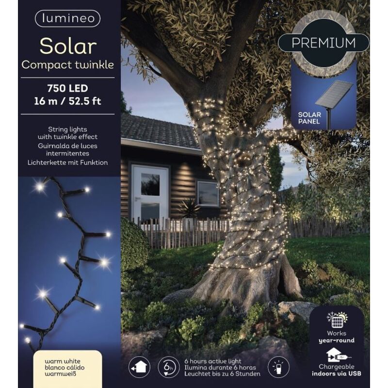 foto del prodotto luci natalizie solar 750 led bianco caldo 8 funzioni effetto scintillante 16 mt