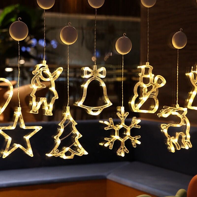 foto del prodotto luci per finestre di natale, luci per finestre di natale sospese con ventosa, decorazioni sospese a batteria per negozi di natale snowman