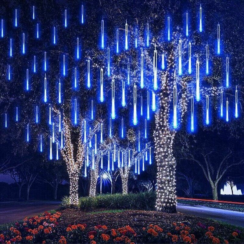 foto del prodotto luci per pioggia di meteore 8 tubi da 30 cm, 192 led, luci a pioggia di meteore, luci a led impermeabili per matrimoni, casa, alberi, giardino,