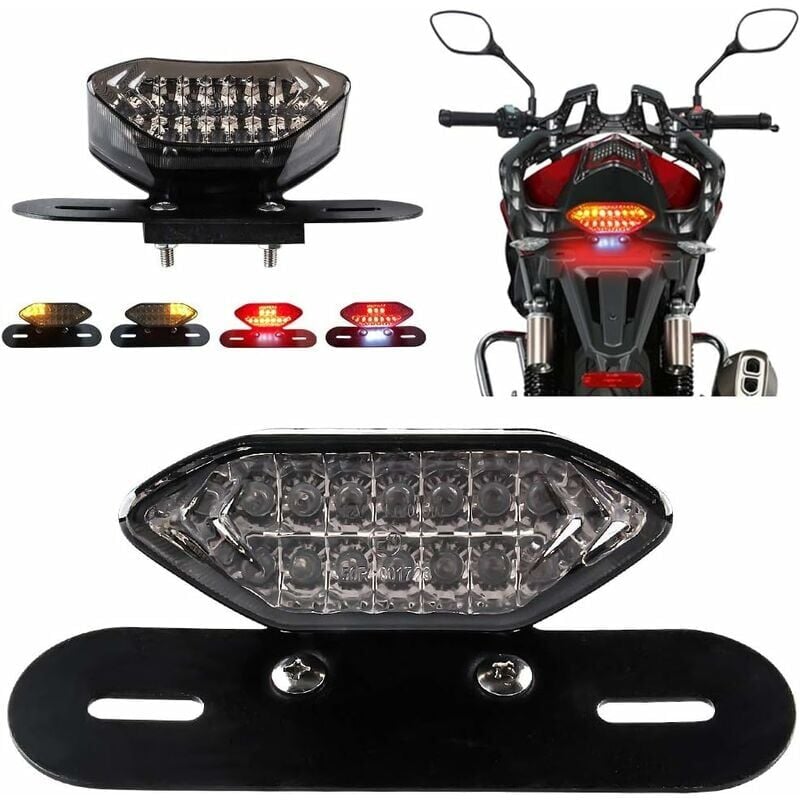 foto del prodotto luci posteriori a led per motociclette, luci di stop integrate e indicatori di direzione, supporto per targa con indicatore di direzione e freno di