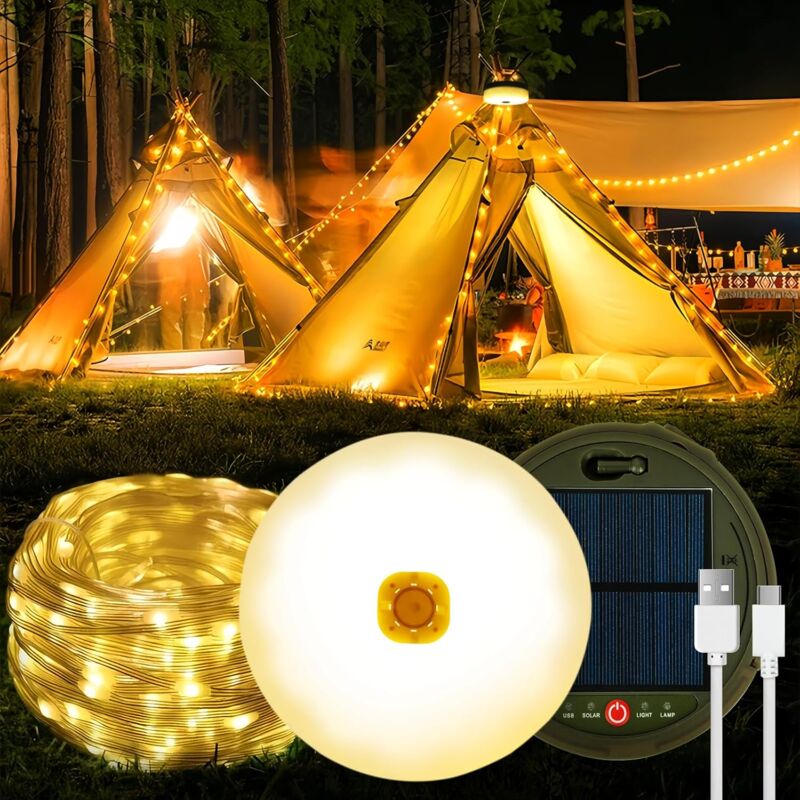 foto del prodotto luci retrattili, luci da campeggio solari per interni ed esterni da 12m 120 led, luci retrattili portatili impermeabili da 3600 mah per campeggio,