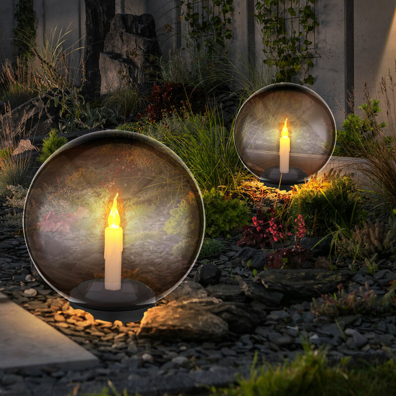 foto del prodotto luci solari a sfera per il giardino luci da giardino rotonde a led effetto fuoco a candela 25 cm per esterni, plastica fumo, 1x led bianco caldo, dxh