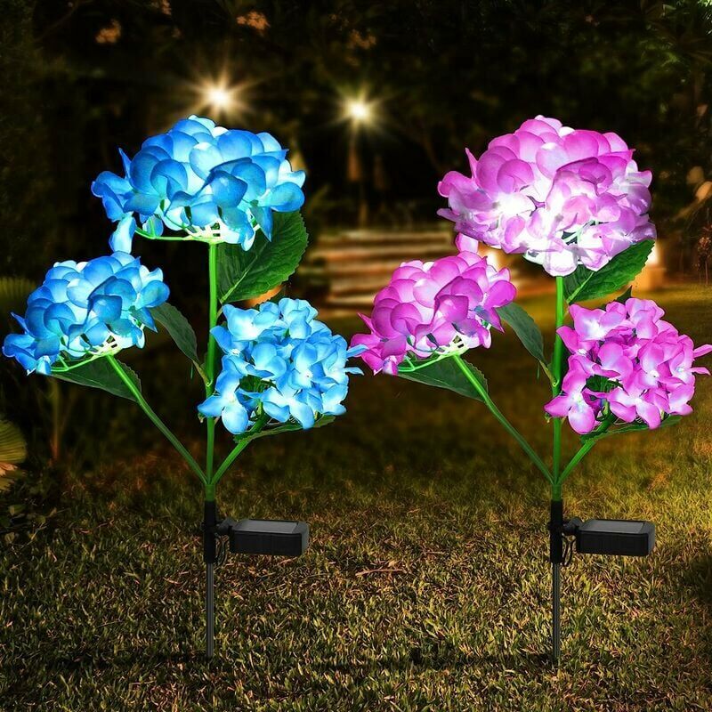 foto del prodotto luci solari a stringa, confezione da 2, luci solari da giardino con 3 fiori di ortensia, luci solari decorative impermeabili, luci solari artificiali