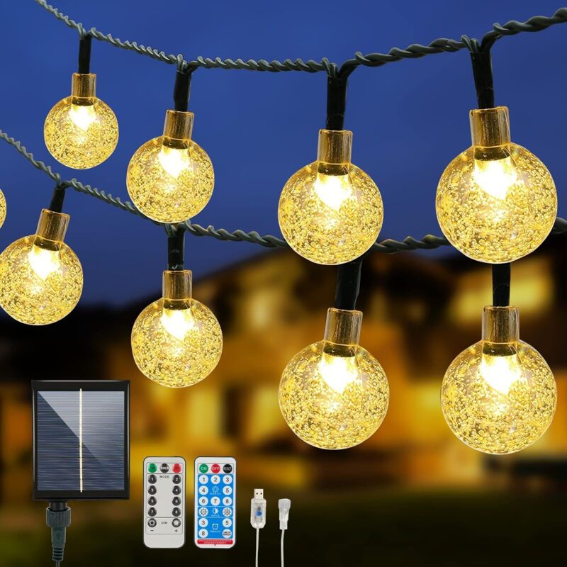 foto del prodotto luci solari a stringa da 12 m e 100 led con telecomando, luci fatate per interni ed esterni alimentate tramite usb, 8 modalit di luci da giardino