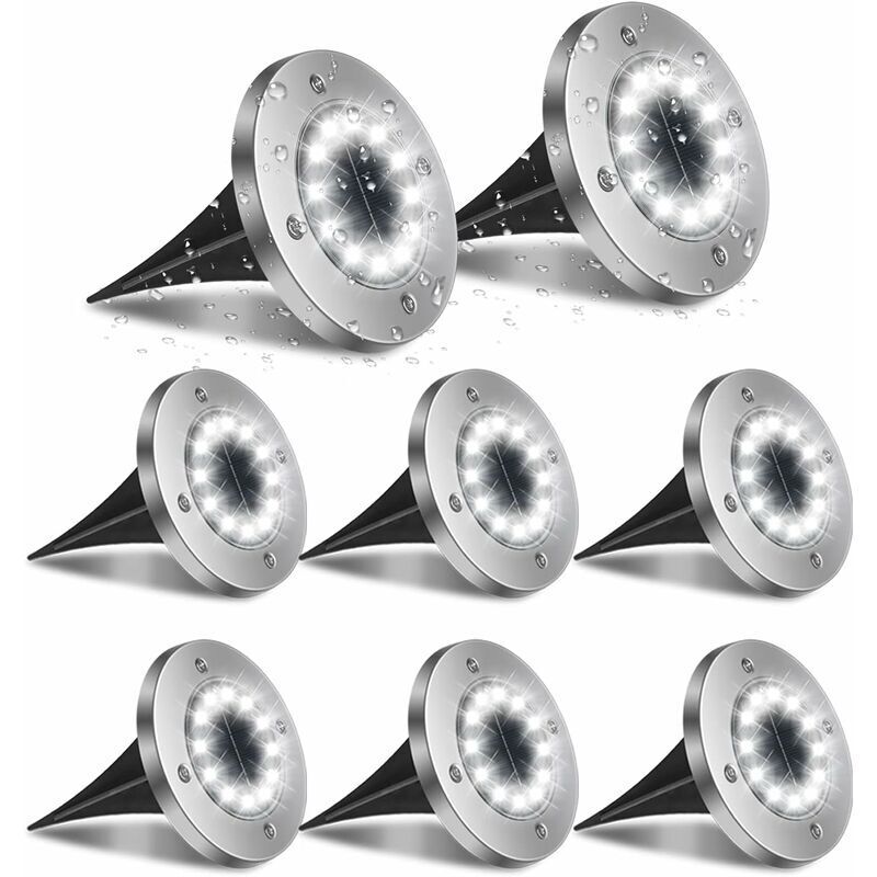 foto del prodotto luci solari da esterno, confezione da 8, 12 led, luce da giardino, 6000k, impermeabile, ip65, faretto da incasso per percorso, patio, cortile,
