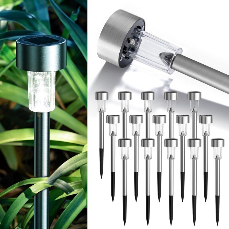foto del prodotto luci solari da esterno impermeabili, luci solari da giardino a 16 led in acciaio inossidabile per patio, prato, cortile e paesaggio bianco freddo 