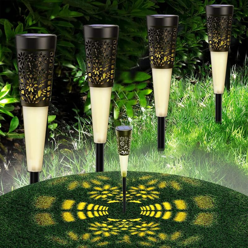 foto del prodotto luci solari da esterno per giardino, 4 pezzi luci solari da esterno con led colorati e luce bianca, ip65 impermeabile luce solare da esterno con