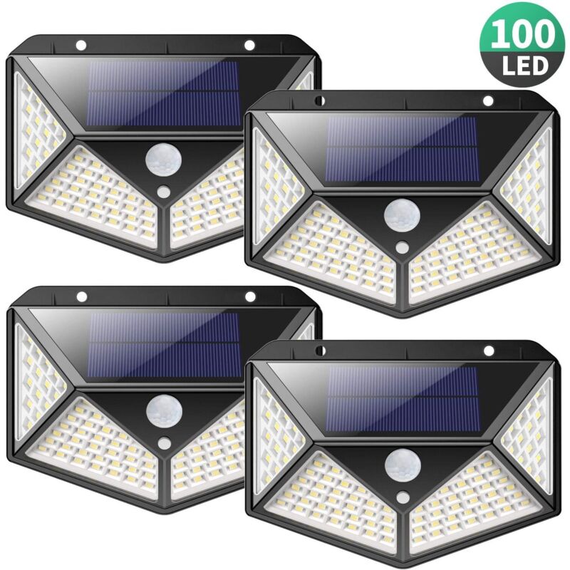 foto del prodotto luci solari da esterno versione potente, confezione da 4 100 led 2200 mah, illuminazione esterna impermeabile, luce solare a 270 , sensore di