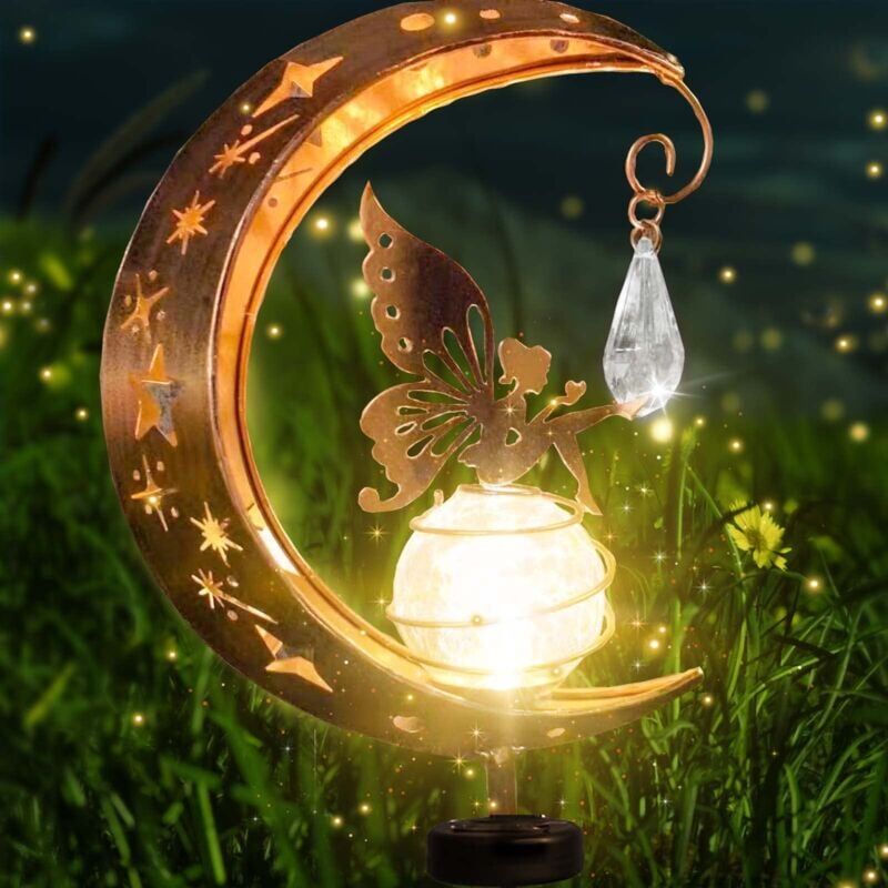 foto del prodotto luci solari da giardino a forma di luna, decorative, per patio, in metallo, a forma di luna, in vetro, a led, per giardino, impermeabili, per