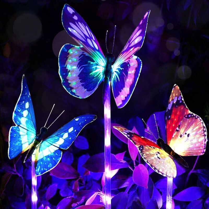 foto del prodotto luci solari da giardino decorative per esterni, confezione da 3 luci solari da giardino con farfalla multicolore cangiante