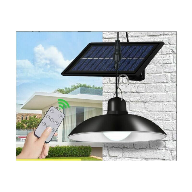 foto del prodotto luci solari per capannoni, luci solari a sospensione, lampadario solare per esterni con telecomando, lampada a sospensione impermeabile per cortile,