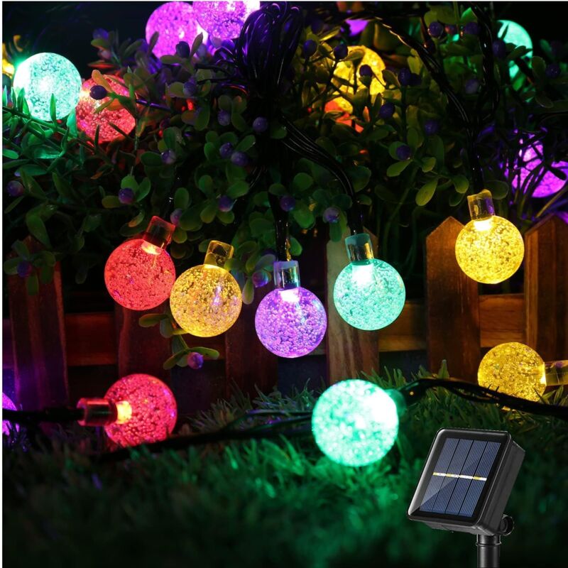 foto del prodotto luci solari per esterni, 12 m, 100 luci a sfera di cristallo a led, 8 modalit , ip65 impermeabile, con telecomando, per giardino, matrimonio, festa,