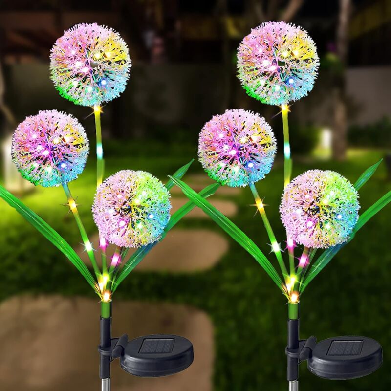 foto del prodotto luci solari per esterni, 2 confezioni di luci solari a forma di tarassaco con led che cambiano colore, luci solari decorative impermeabili da