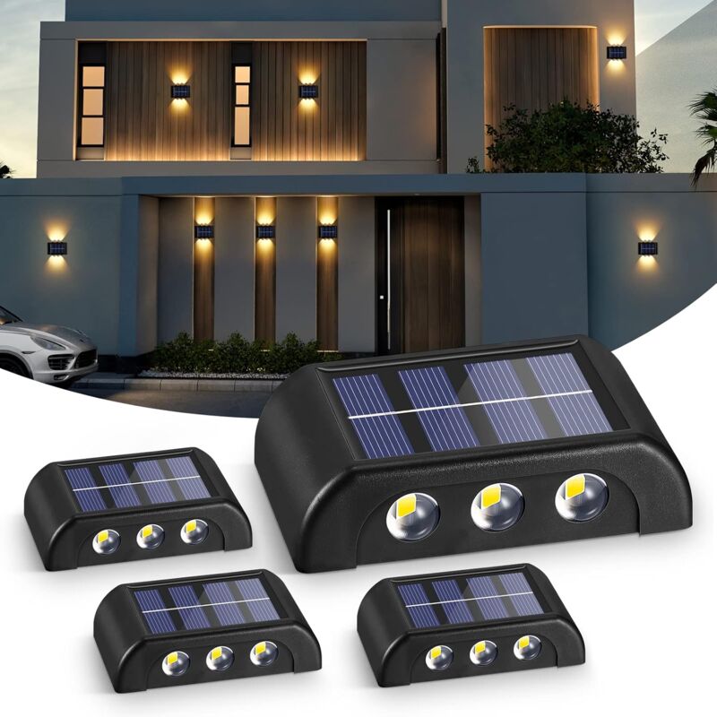 foto del prodotto luci solari per esterni, 4 confezioni di luci solari da giardino, luci da parete a led per esterni, bianco caldo, ip65 impermeabili, luci solari su e