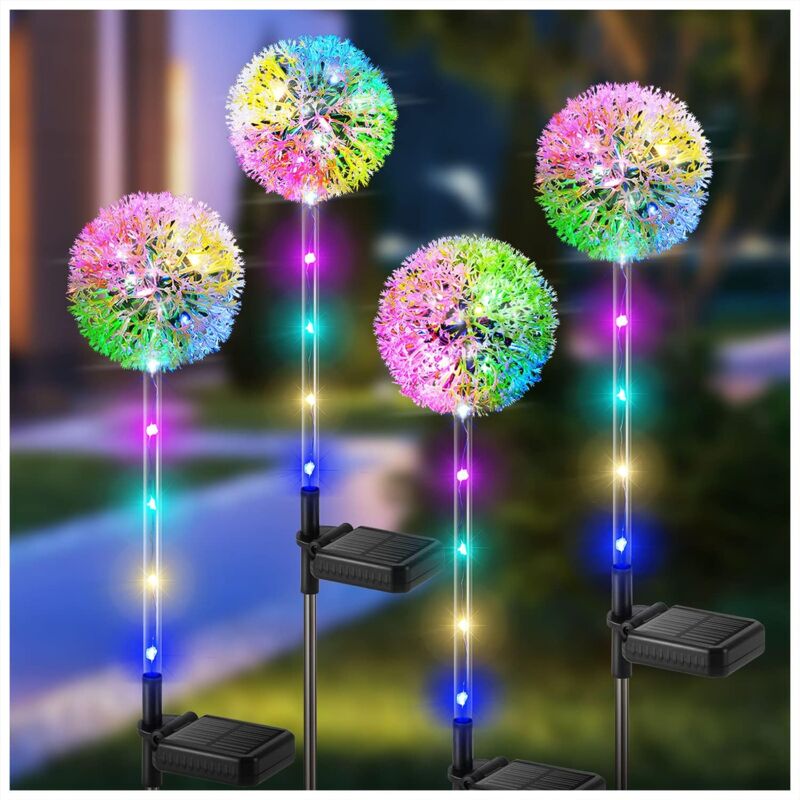 foto del prodotto luci solari per esterni, 4 pezzi luci solari a forma di tarassaco con led che cambiano colore, luci solari da giardino impermeabili per esterni per