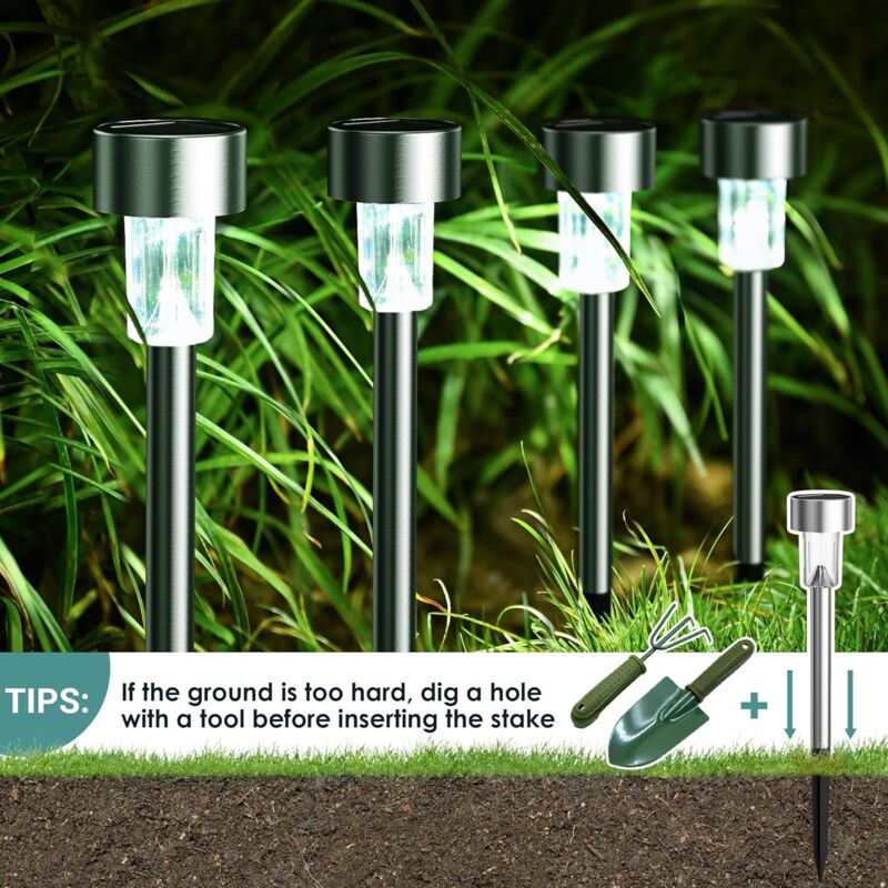 foto del prodotto luci solari per esterni, luci da giardino a led, luci da paesaggio, luci da percorso, acciaio inossidabile, confezione da 12