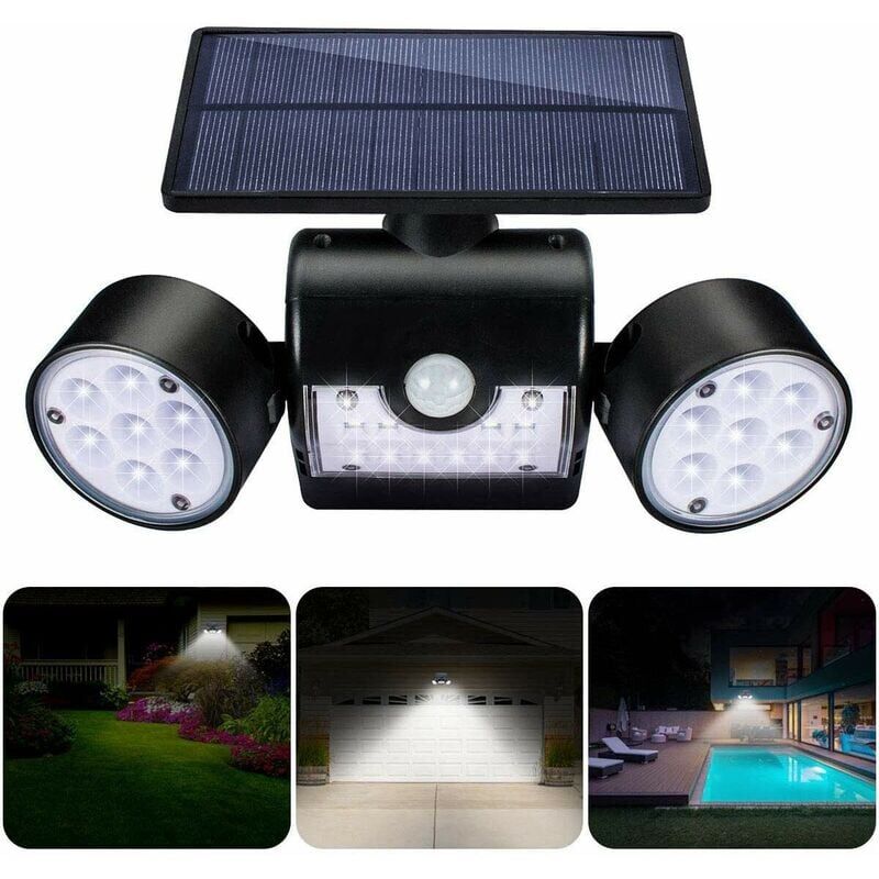 foto del prodotto luci solari per esterni, luci solari da parete per esterni, con 30 faretti a doppia testa impermeabili a led, rotazione di 360 gradi, con sensore di