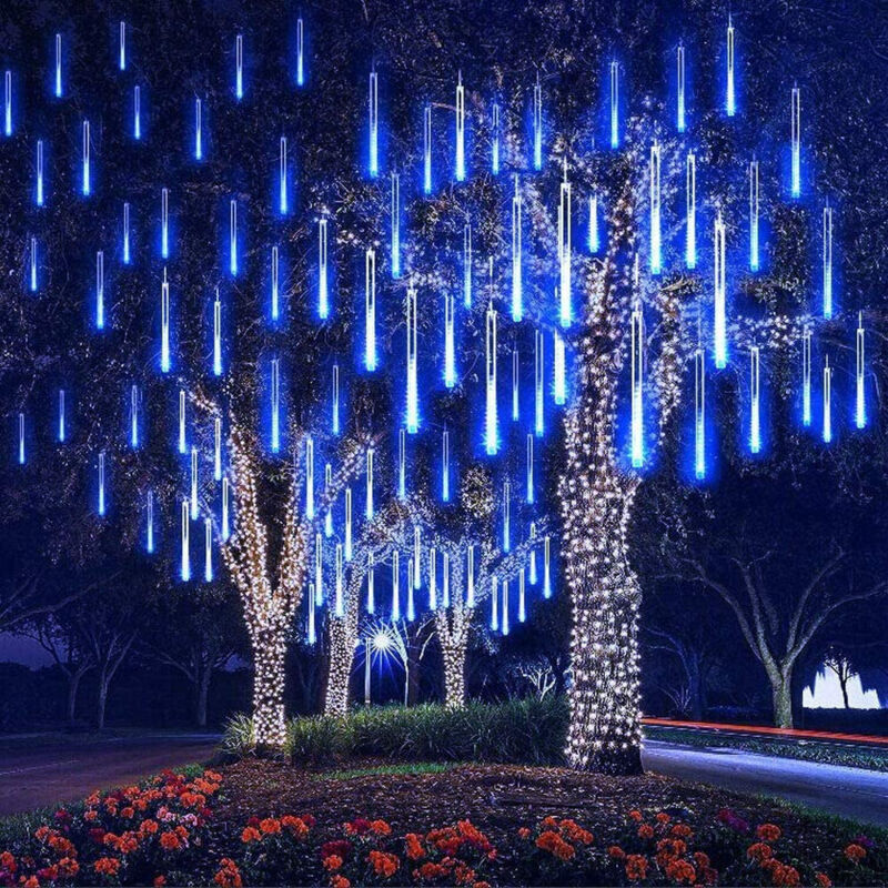 foto del prodotto luci solari per pioggia di meteore, 10 tubi di luci solari impermeabili con telecomando per albero di natale, giardino, festa di nozze, decorazione