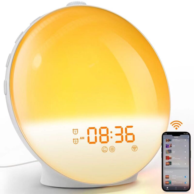 foto del prodotto luci sveglia all alba, sveglia, luce ambientale, colori abbaglianti, luci notturne rgb, suono bianco opaco, radio fm, luci per bambini
