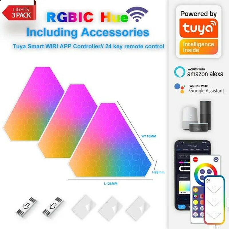 foto del prodotto luci triangolari a led da parete smart wifi e bluetooth 3 tuya