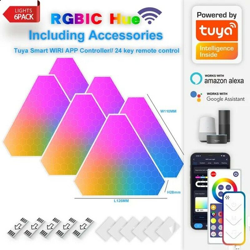 foto del prodotto luci triangolari a led da parete smart wifi e bluetooth 6 tuya