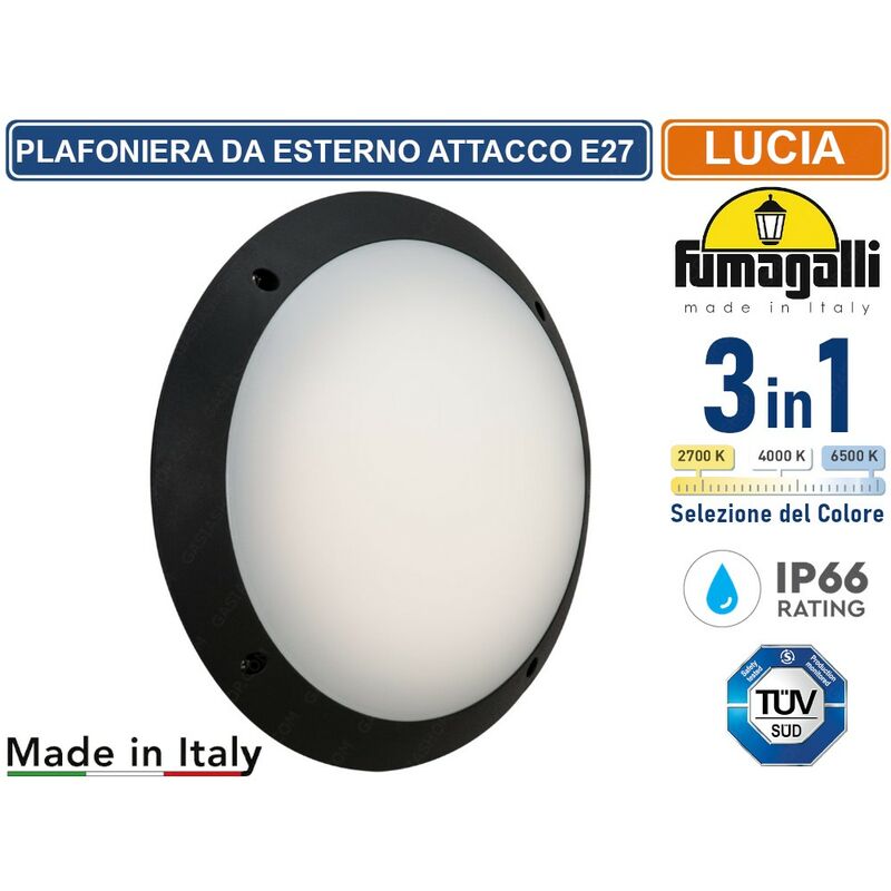 foto del prodotto lucia plafoniera circolare da esterno ip66 nera per lampadine con attacco e27 con funzione cct 3 in 1cambia colore fumagalli