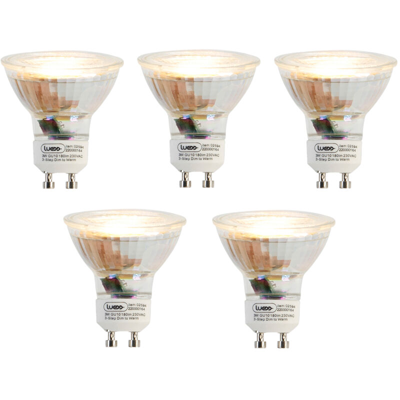foto del prodotto luedd set di 5 lampadine led dimmerabili a 3 livelli in kelvin gu10 3w 180lm 2000k 2700k