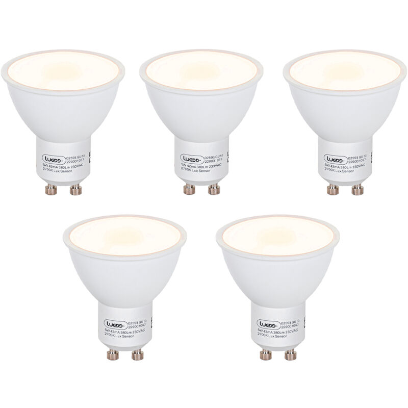 foto del prodotto luedd set di 5 lampadine led gu10 con sensore crepuscolare 5w 380lm 2700k